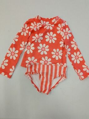 Carter’s Toddler Girls Rashguard Swimsuit Set 3T Orange Floral Long Sleeve 2 Pie